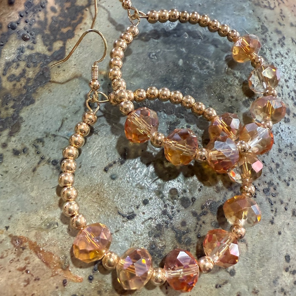Gold-Tone Hoop Earrings with Amber Faceted Beads